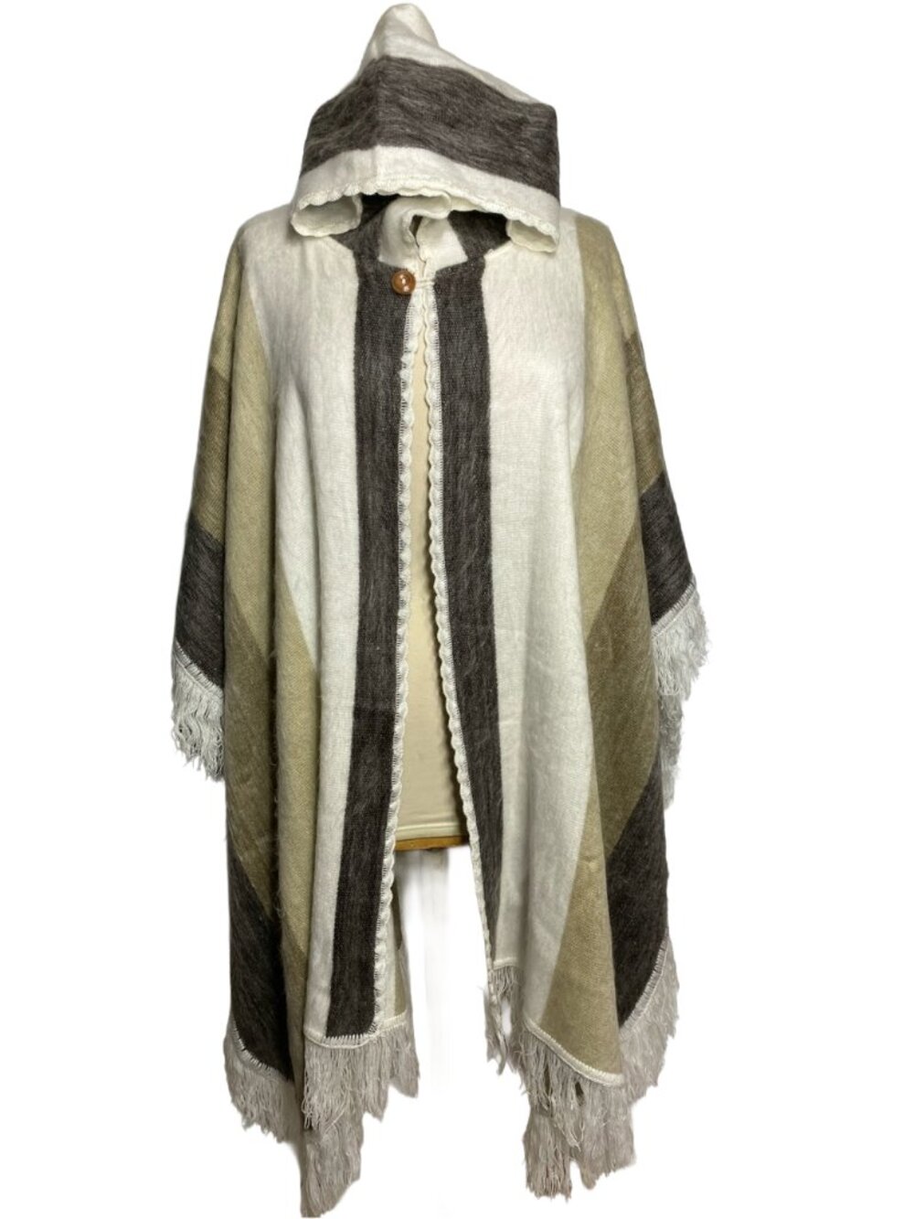 Handmade Hooded Fringe Poncho in Cream, Gray, and Tan